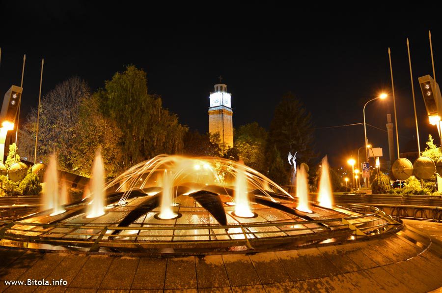 Bitola Clock Tower With Fountain - Night Scene