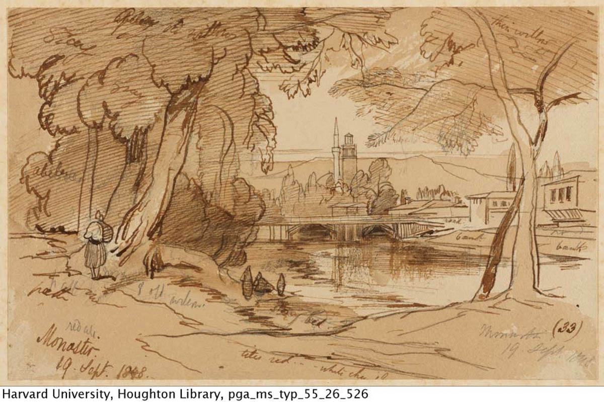 Edward Lear Monastir 1848 Bitola Monastir with Dragor River and Clock Tower1